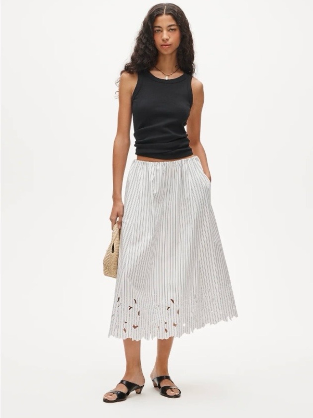 J.Crew Embroidered Pull-On Midi Skirt Striped White CS867